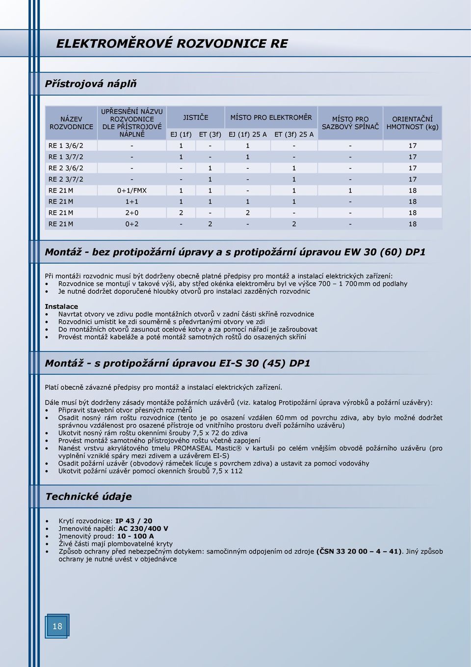 - 2-18 Montáž - bez protipožární úpravy a s protipožární úpravou W 30 (60) DP1 Při montáži rozvodnic musí být dodrženy obecně platné předpisy pro montáž a instalací elektrických zařízení: Rozvodnice