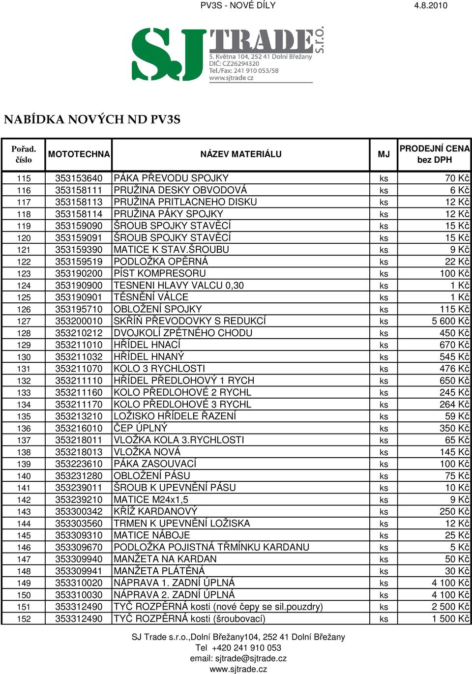 ŠROUBU ks 9 Kč 122 353159519 PODLOŽKA OPĚRNÁ ks 22 Kč 123 353190200 PÍST KOMPRESORU ks 100 Kč 124 353190900 TESNENI HLAVY VALCU 0,30 ks 1 Kč 125 353190901 TĚSNĚNÍ VÁLCE ks 1 Kč 126 353195710 OBLOŽENÍ