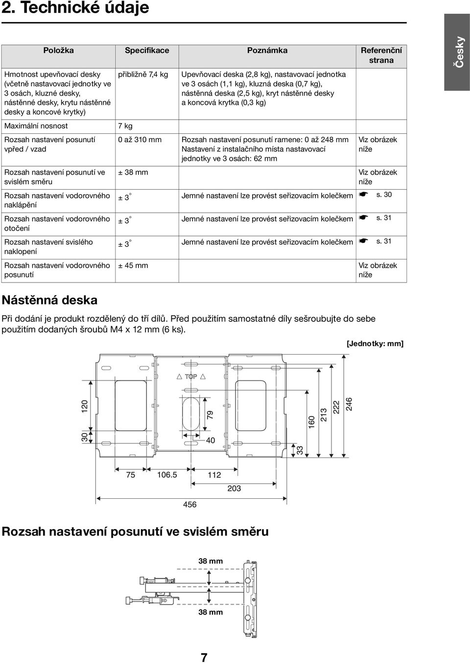 nastavení svislého naklopení Rozsah nastavení vodorovného posunutí přibližně 7,4 kg 7 kg Upevňovací deska (2,8 kg), nastavovací jednotka ve 3 osách (1,1 kg), kluzná deska (0,7 kg), nástěnná deska