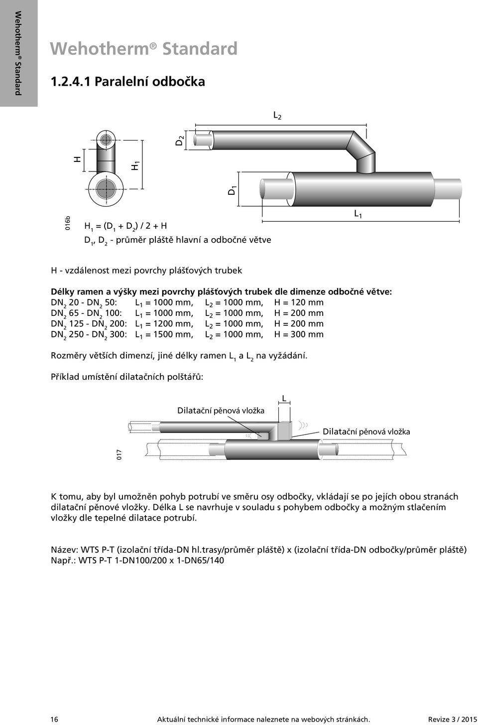 plášťových trubek dle dimenze odbočné větve: DN 2 20 - DN 2 50: 1 = 1000 mm, 2 = 1000 mm, H = 120 mm DN 2 65 - DN 2 100: 1 = 1000 mm, 2 = 1000 mm, H = 200 mm DN 2 125 - DN 2 200: 1 = 1200 mm, 2 =