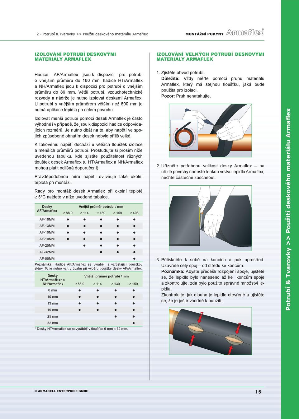 Větší potrubí, vzduchotechnické rozvody a nádrže je nutno izolovat deskami Armaflex. u potrubí s vnějším průměrem větším než 600 mm je nutná aplikace lepidla po celém povrchu.