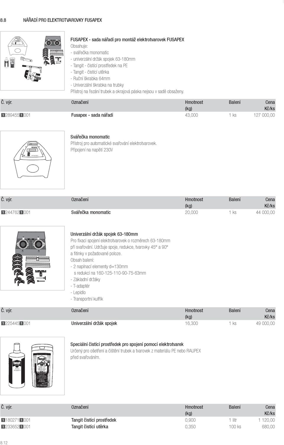 (kg) 12894551001 Fusapex - sada nářadí 43,000 1 ks 127 000,00 Svářečka monomatic Přístroj pro automatické svařování elektrotvarovek.