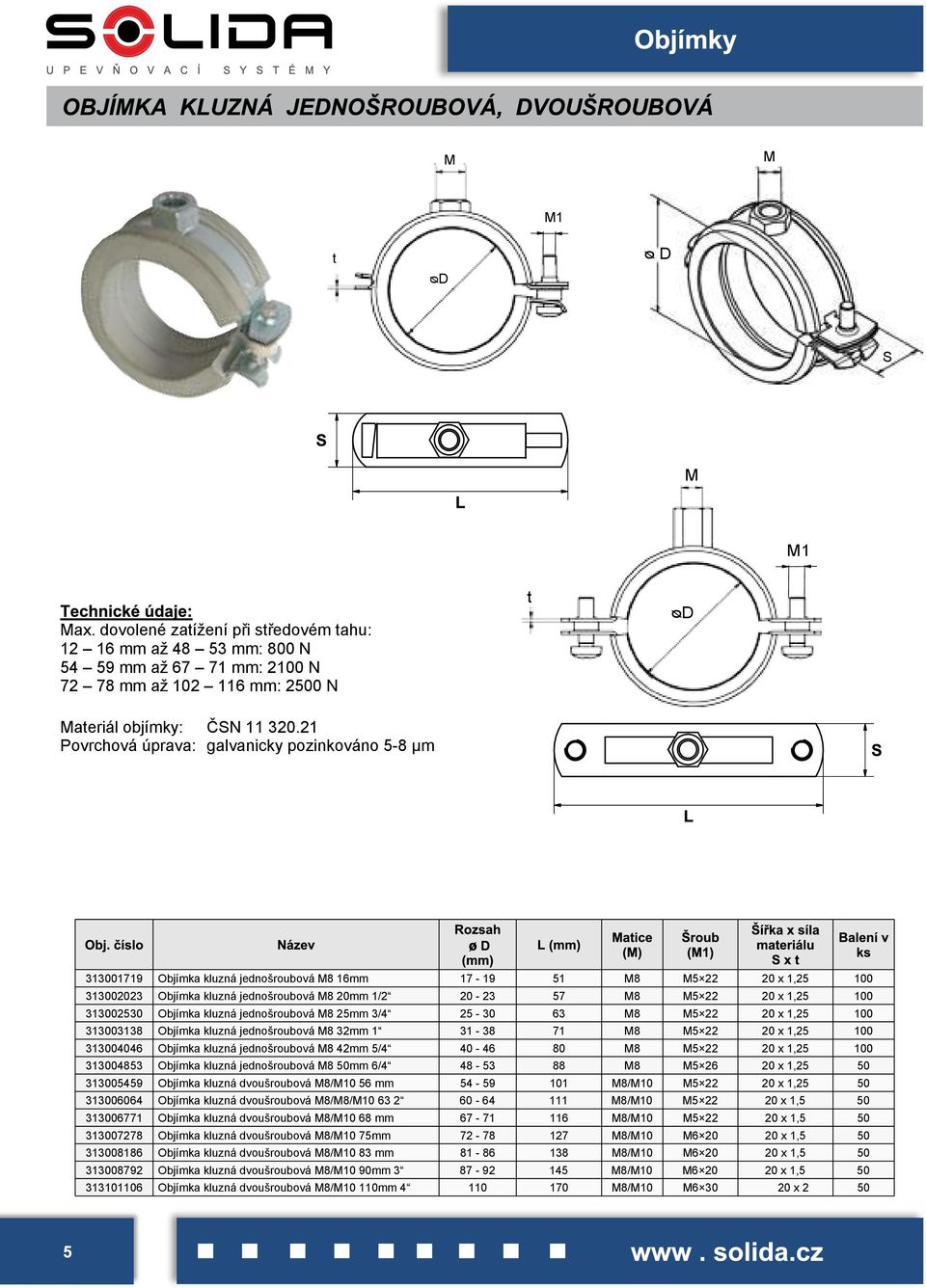 x 1,25 100 313002530 Objímka kluzná jednoroubová M8 25mm 3/4 25 30 63 M8 M5 22 20 x 1,25 100 313003138 Objímka kluzná jednoroubová M8 32mm 1 31 38 71 M8 M5 22 20 x 1,25 100 313004046 Objímka kluzná