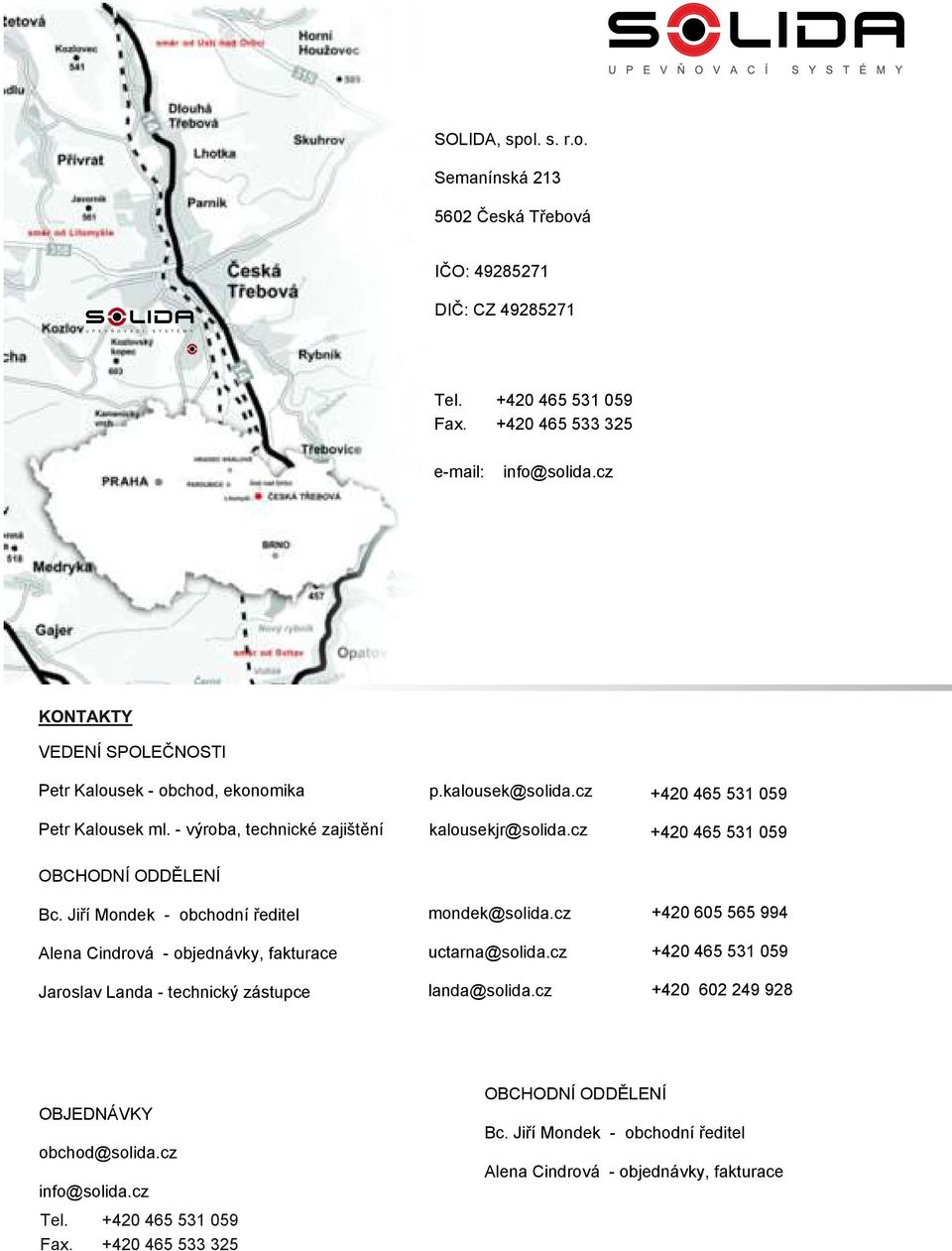 Jiøí Mondek obchodní øeditel Alena Cindrová objednávky, fakturace Jaroslav Landa technický zástupce p.kalousek@solida.cz kalousekjr@solida.cz mondek@solida.cz uctarna@solida.