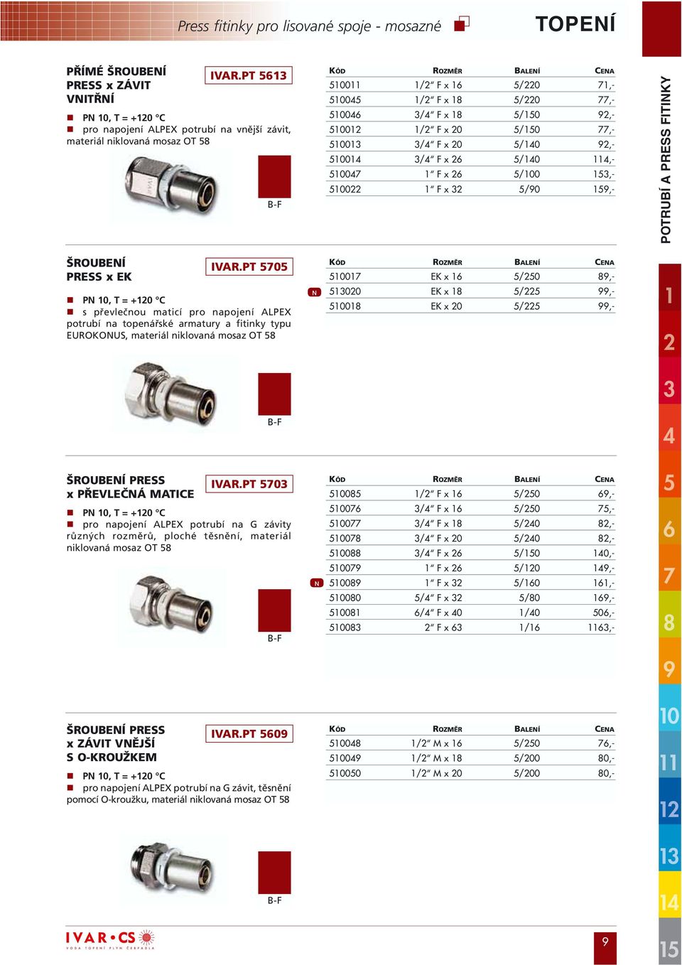 77,- 510013 3/4 F x 20 5/140 92,- 510014 3/4 F x 26 5/140 114,- 510047 1 F x 26 5/100 153,- 510022 1 F x 32 5/90 159,- POTRUBÍ A PRESS FITINKY ŠROUBENÍ PRESS x EK IVAR.