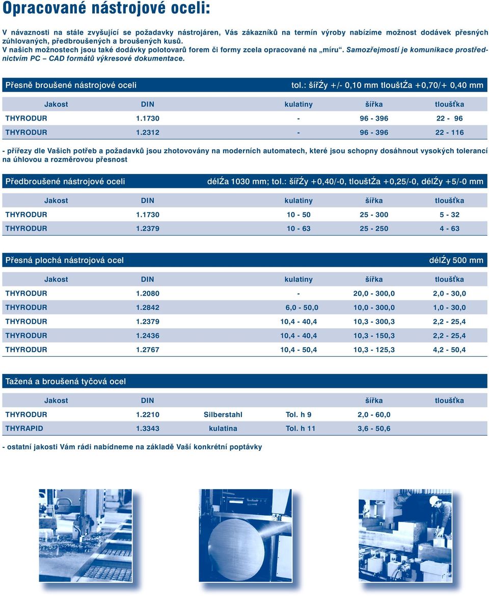 Pøesnì broušené nástrojové oceli tol.: šíøky /- 0,10 mm tlouštka 0,70/ 0,40 mm Jakost DIN kulatiny šíøka tlouš ka 1.1730-96 - 396 22-96 1.