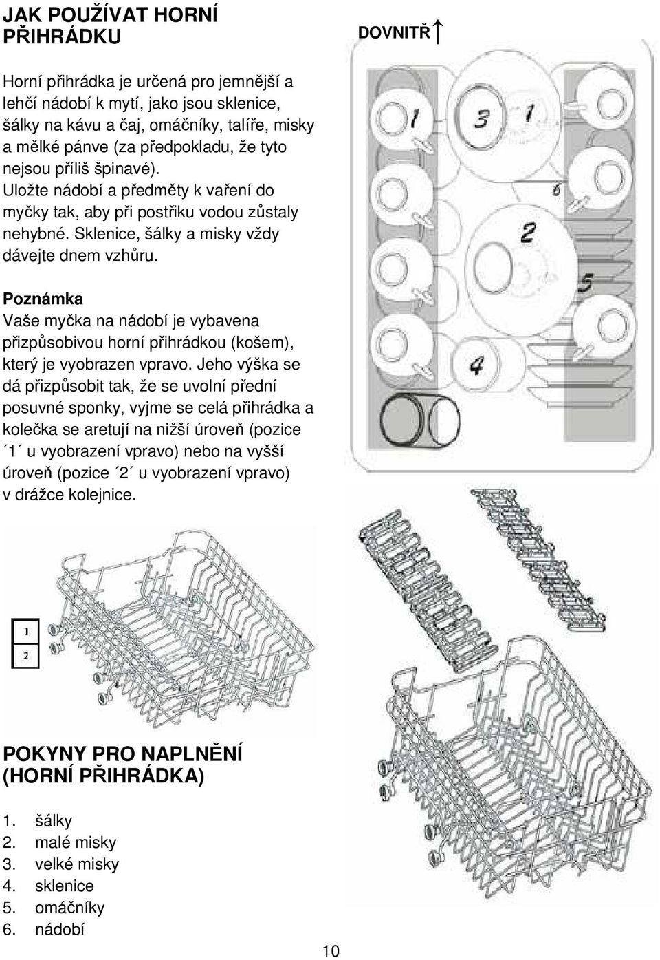 Poznámka Vaše myčka na nádobí je vybavena přizpůsobivou horní přihrádkou (košem), který je vyobrazen vpravo.