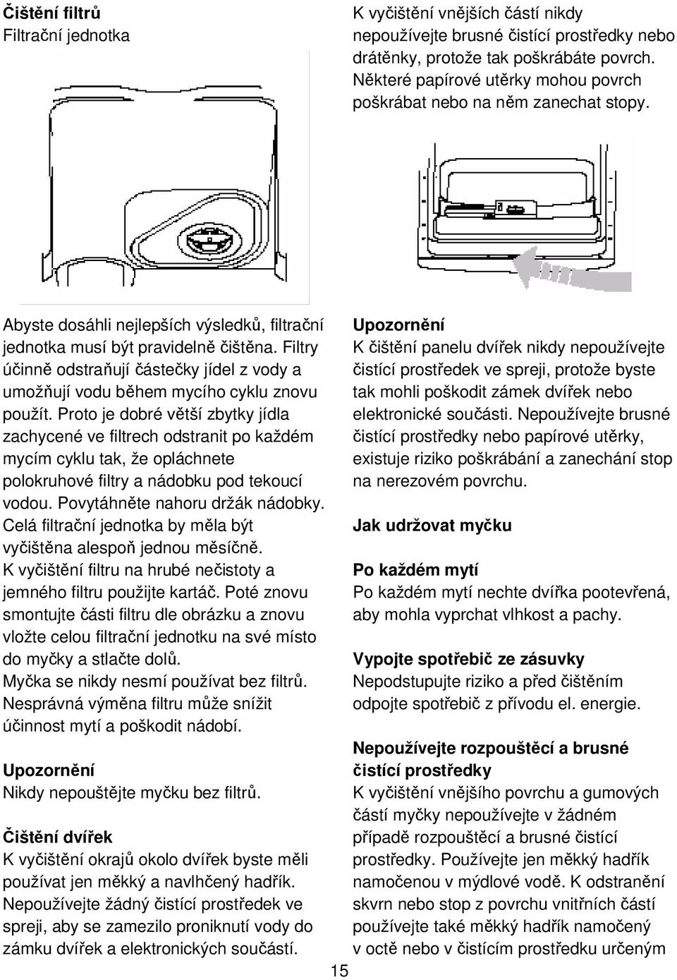 Filtry účinně odstraňují částečky jídel z vody a umožňují vodu během mycího cyklu znovu použít.