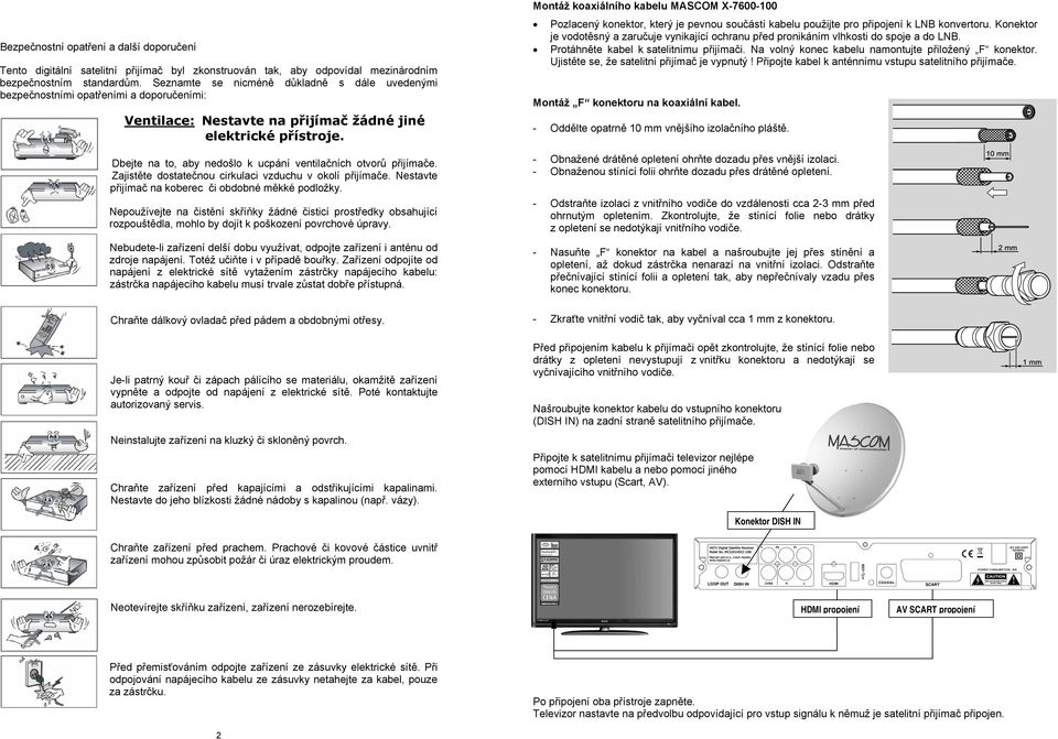 Dbejte na to, aby nedošlo k ucpání ventilačních otvorů přijímače. Zajistěte dostatečnou cirkulaci vzduchu v okolí přijímače. Nestavte přijímač na koberec či obdobné měkké podložky.