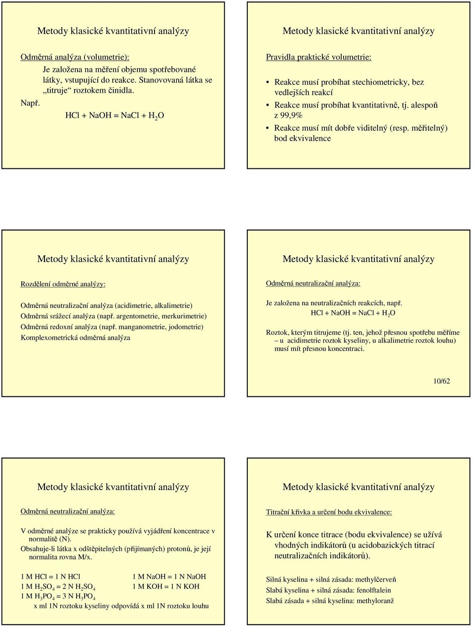 alespoň z 99,9% Reakce musí mít dobře viditelný (resp. měřitelný) bod ekvivalence Rozdělení odměrné analýzy: Odměrná neutralizační analýza (acidimetrie, alkalimetrie) Odměrná srážecí analýza (např.