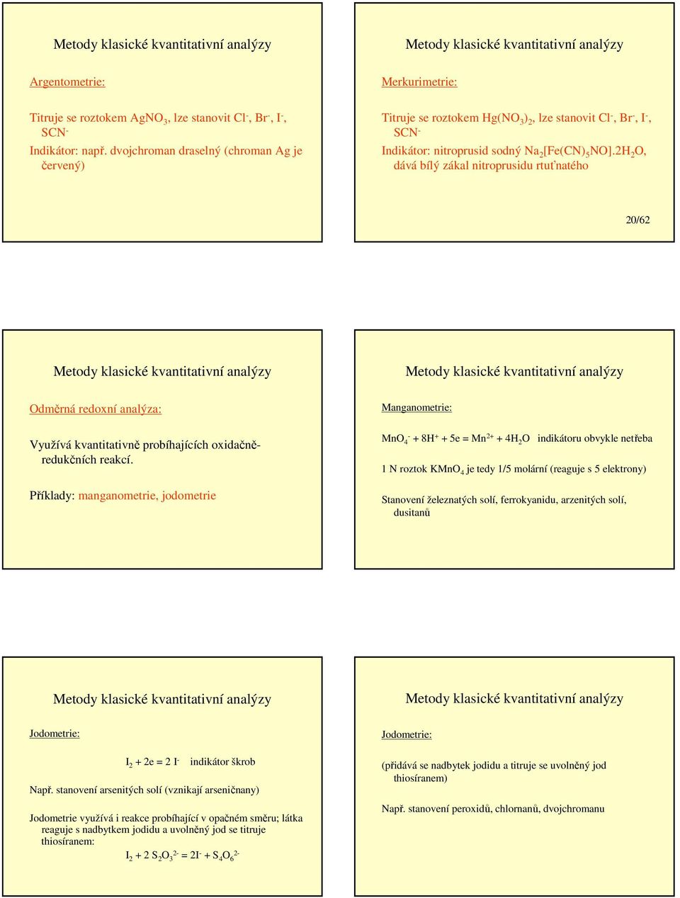2H 2 O, dává bílý zákal nitroprusidu rtuťnatého 20/62 Odměrná redoxní analýza: Využívá kvantitativně probíhajících oxidačněredukčních reakcí.