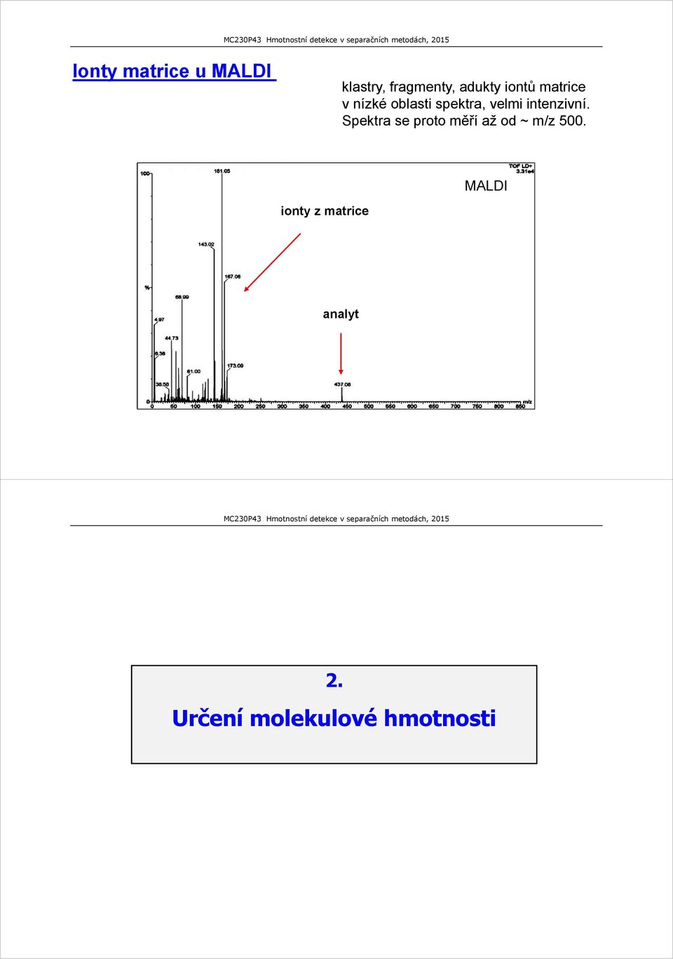 intenzivní. Spektra se proto měří až od ~ m/z 500.