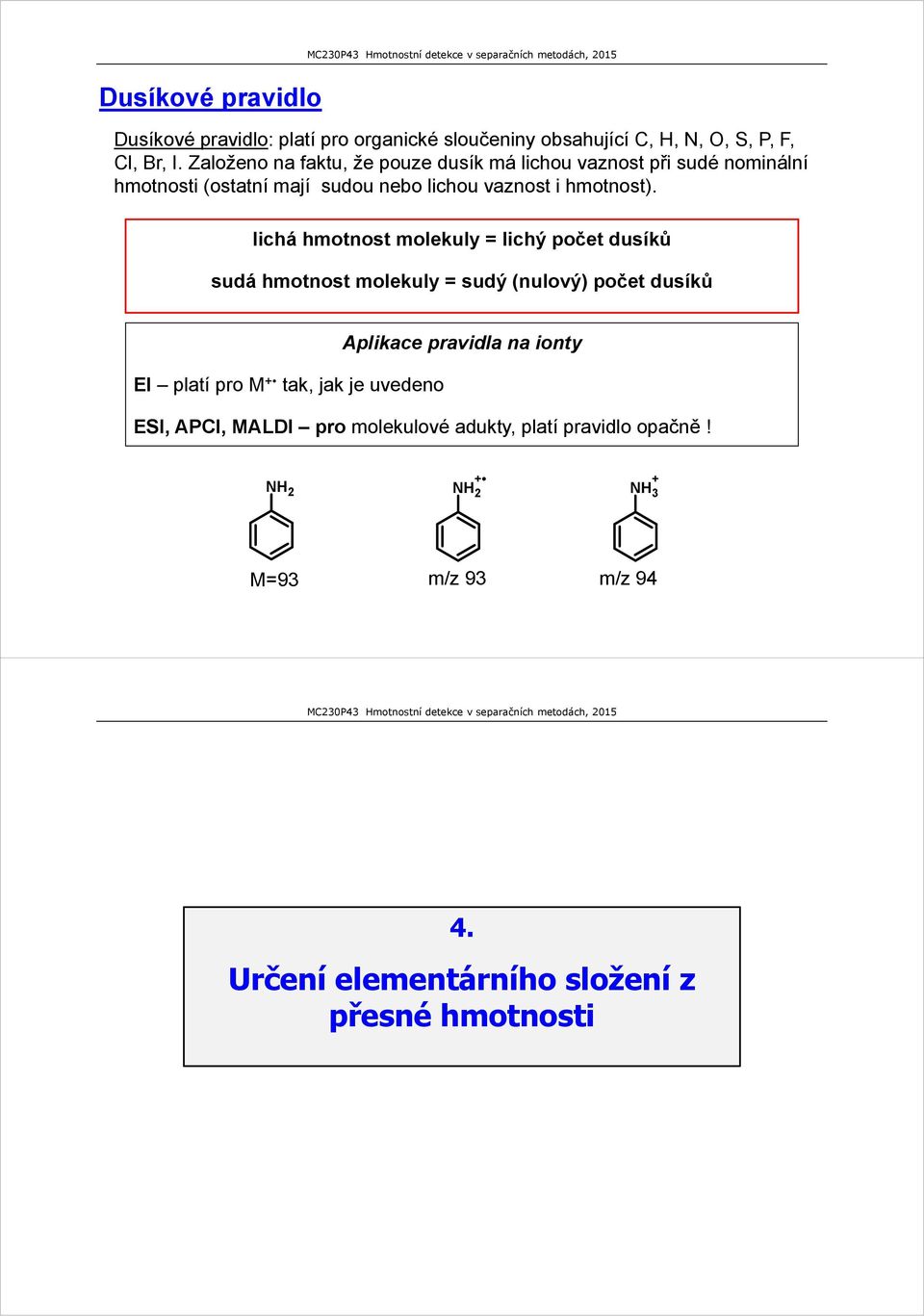 lichá hmotnost molekuly = lichý počet dusíků sudá hmotnost molekuly = sudý (nulový) počet dusíků EI platí pro M + tak, jak je uvedeno