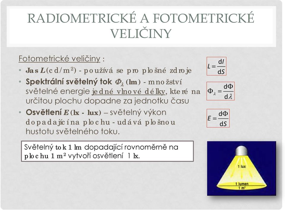 za jednotku času Osvětlení E (lx - lux) světelný výkon dopadající na plochu - udává plošnou hustotu světelného