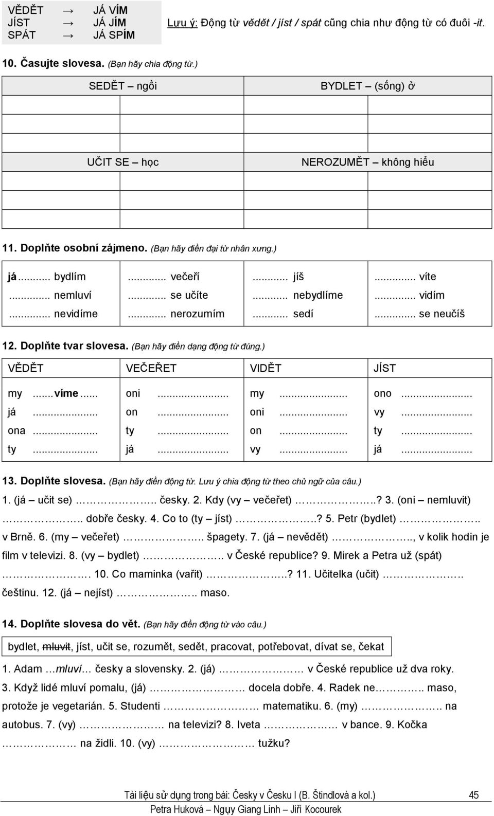 .. nebydlíme vidím nevidíme... nerozumím... sedí se neučíš 12. Doplňte tvar slovesa. (Bạn hãy điền dạng động từ đúng.) VĚDĚT VEČEŘET VIDĚT JÍST my... víme... oni... my... ono... já... on... oni... vy.