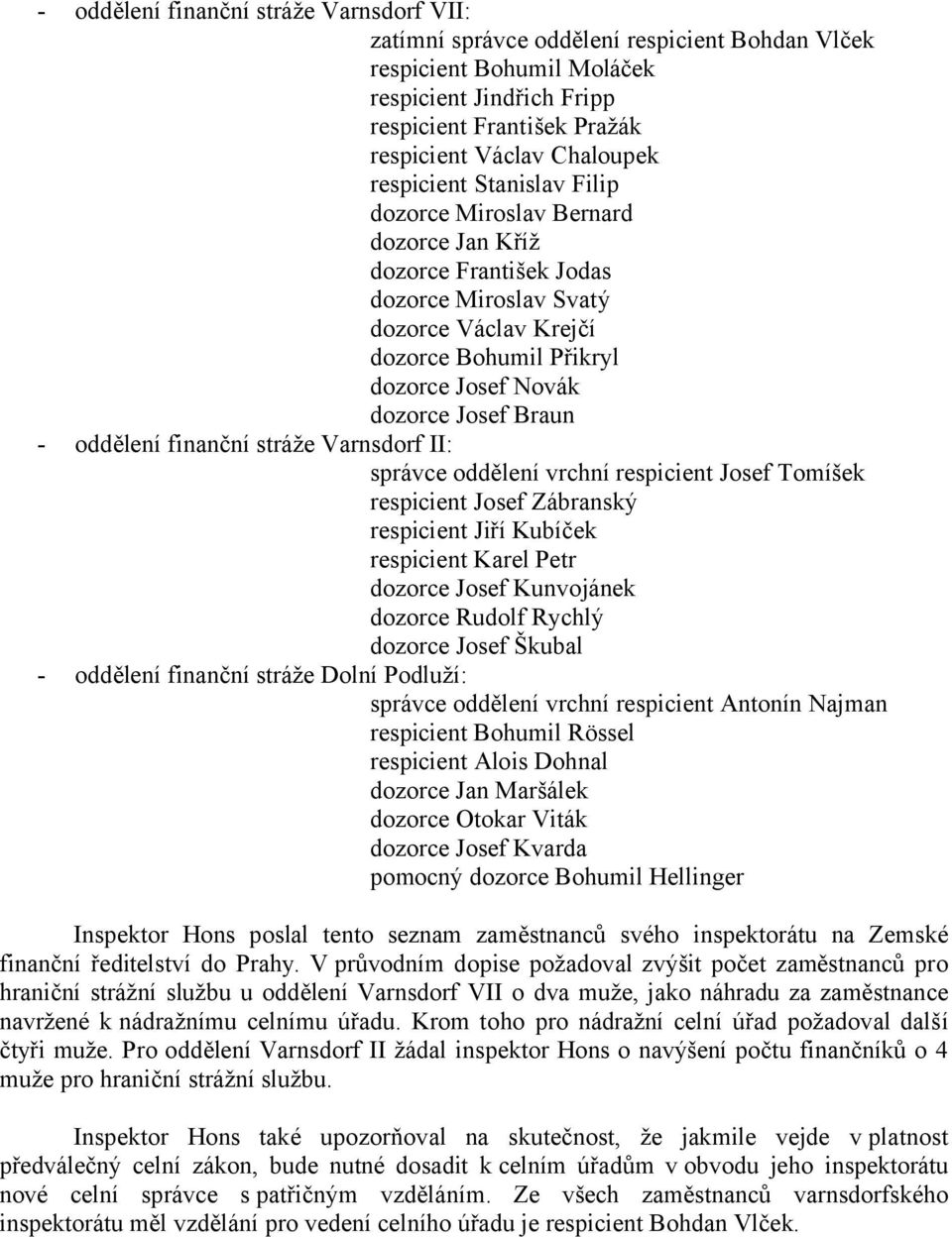 Braun - oddělení finanční stráže Varnsdorf II: správce oddělení vrchní respicient Josef Tomíšek respicient Josef Zábranský respicient Jiří Kubíček respicient Karel Petr dozorce Josef Kunvojánek