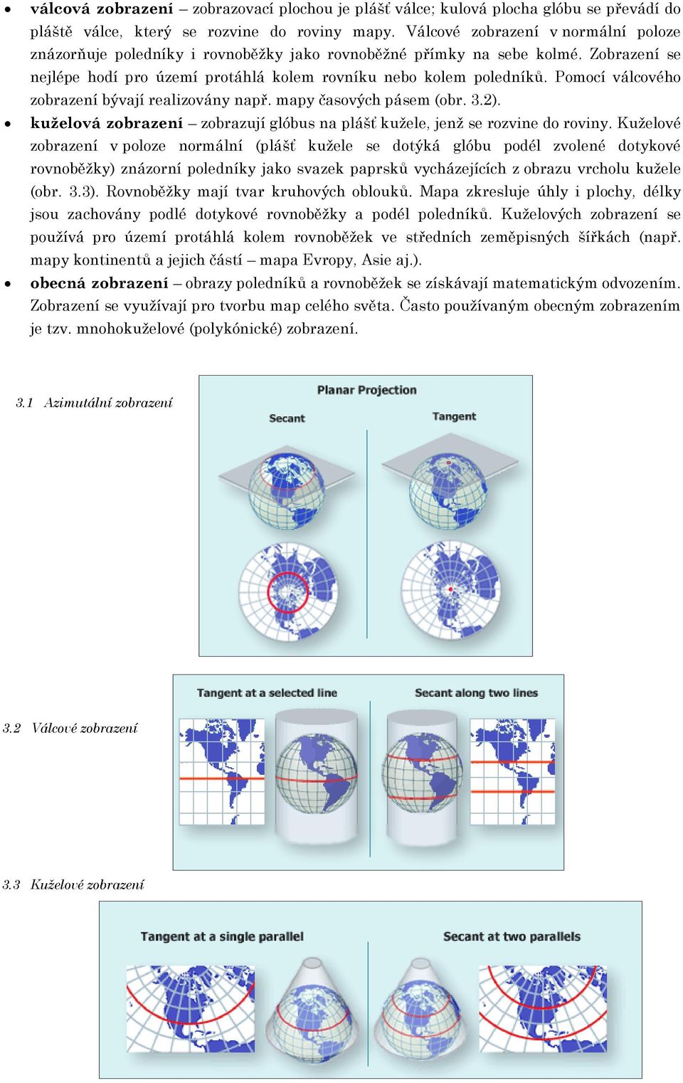 Pomocí válcového zobrazení bývají realizovány např. mapy časových pásem (obr. 3.2). kuželová zobrazení zobrazují glóbus na plášť kužele, jenž se rozvine do roviny.