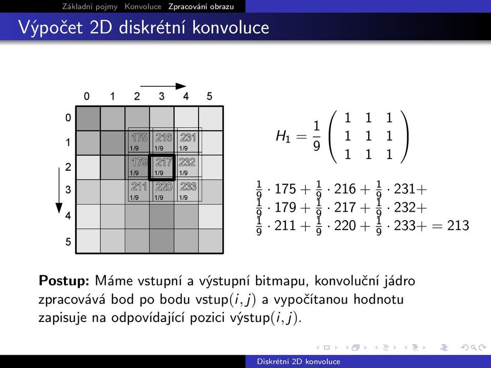 = 2 Postup: Máme vstupní a výstupní bitmapu, konvoluční jádro zpracovává bod po