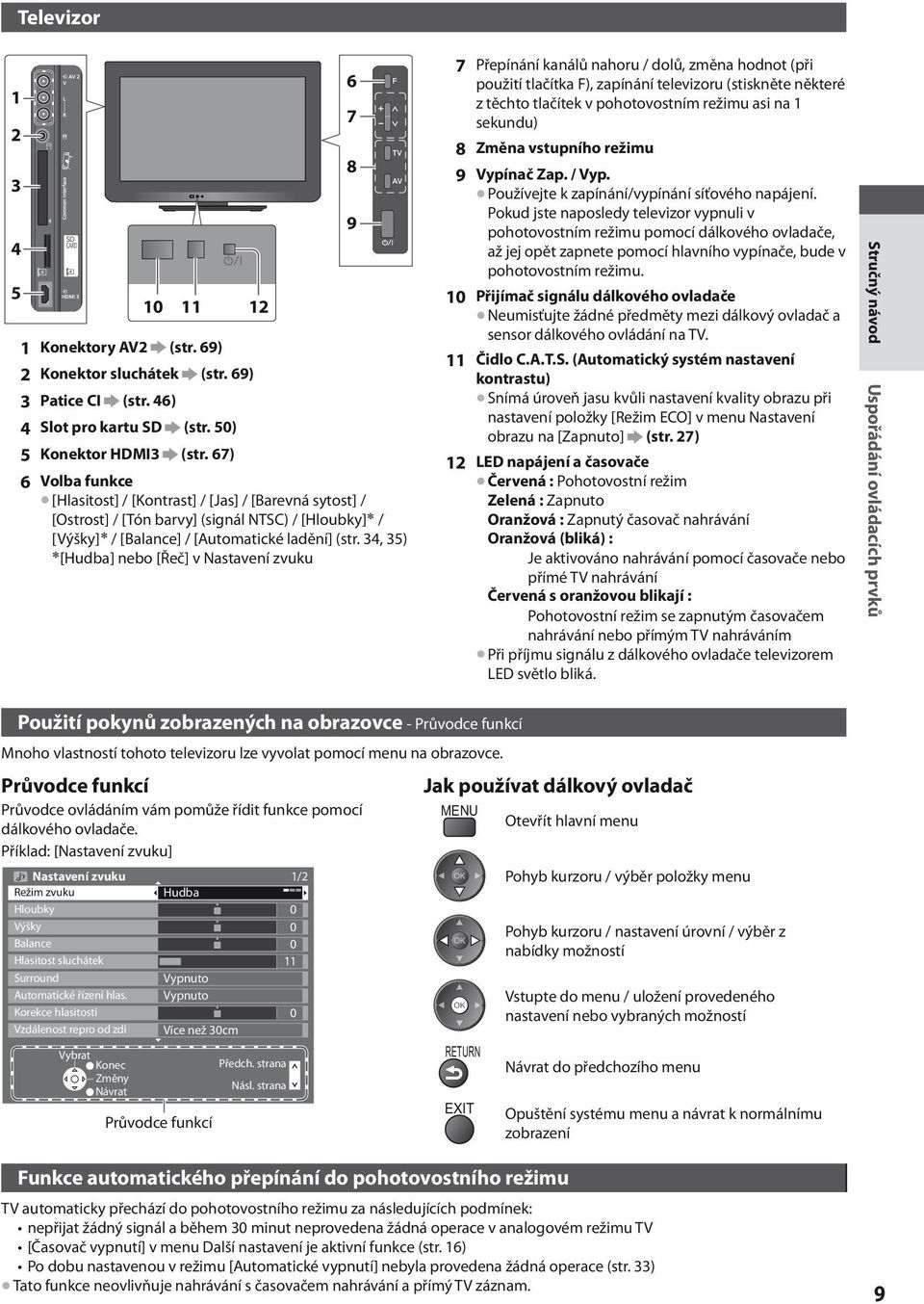 34, 35) [Hudba] nebo [Řeč] v Nastavení zvuku 6 7 8 9 7 Přepínání kanálů nahoru / dolů, změna hodnot (při použití tlačítka F), zapínání televizoru (stiskněte některé z těchto tlačítek v pohotovostním