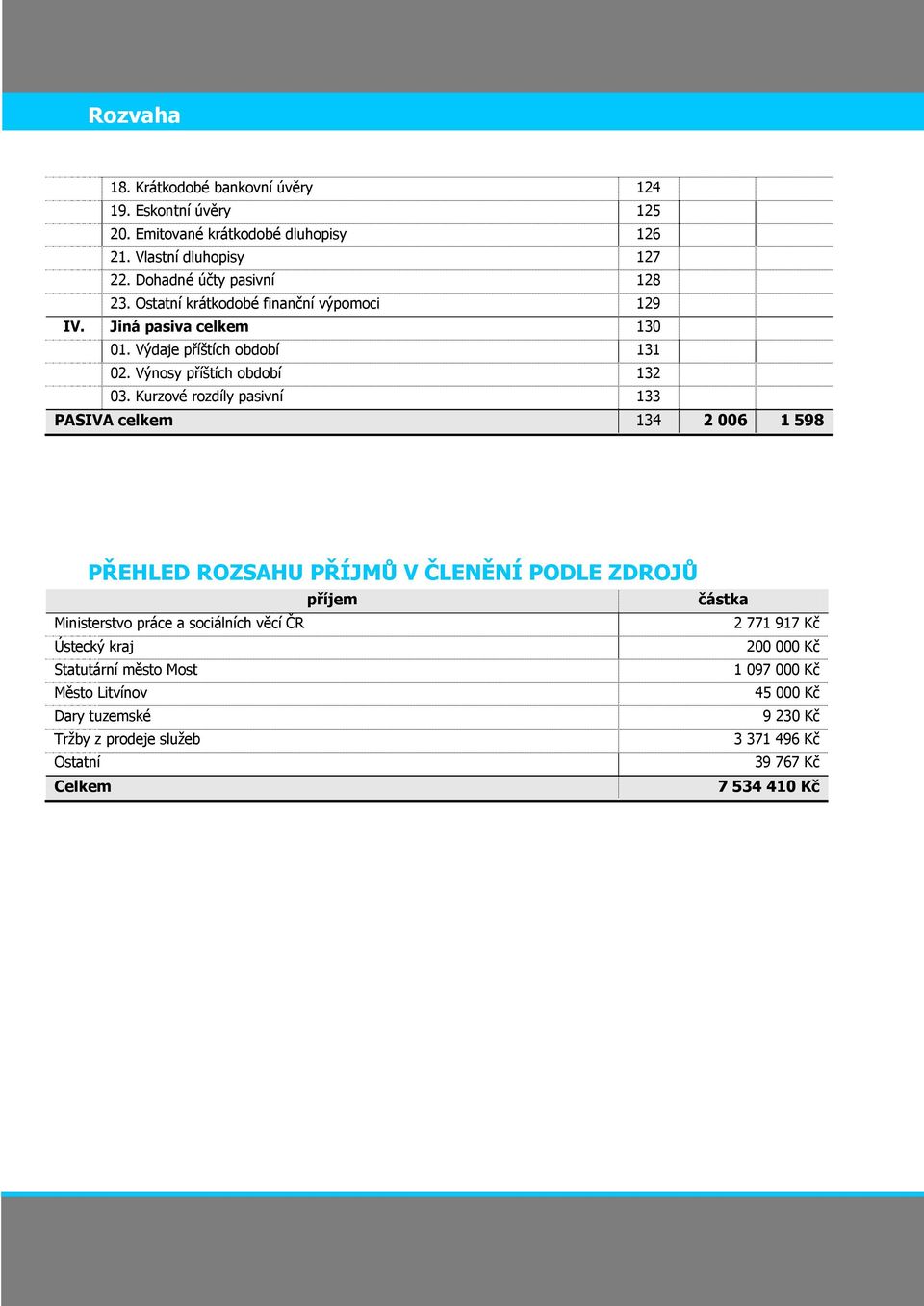 Kurzové rozdíly pasivní 133 PASIVA celkem 134 2 006 1 598 PŘEHLED ROZSAHU PŘÍJMŮ V ČLENĚNÍ PODLE ZDROJŮ příjem částka Ministerstvo práce a sociálních věcí ČR 2