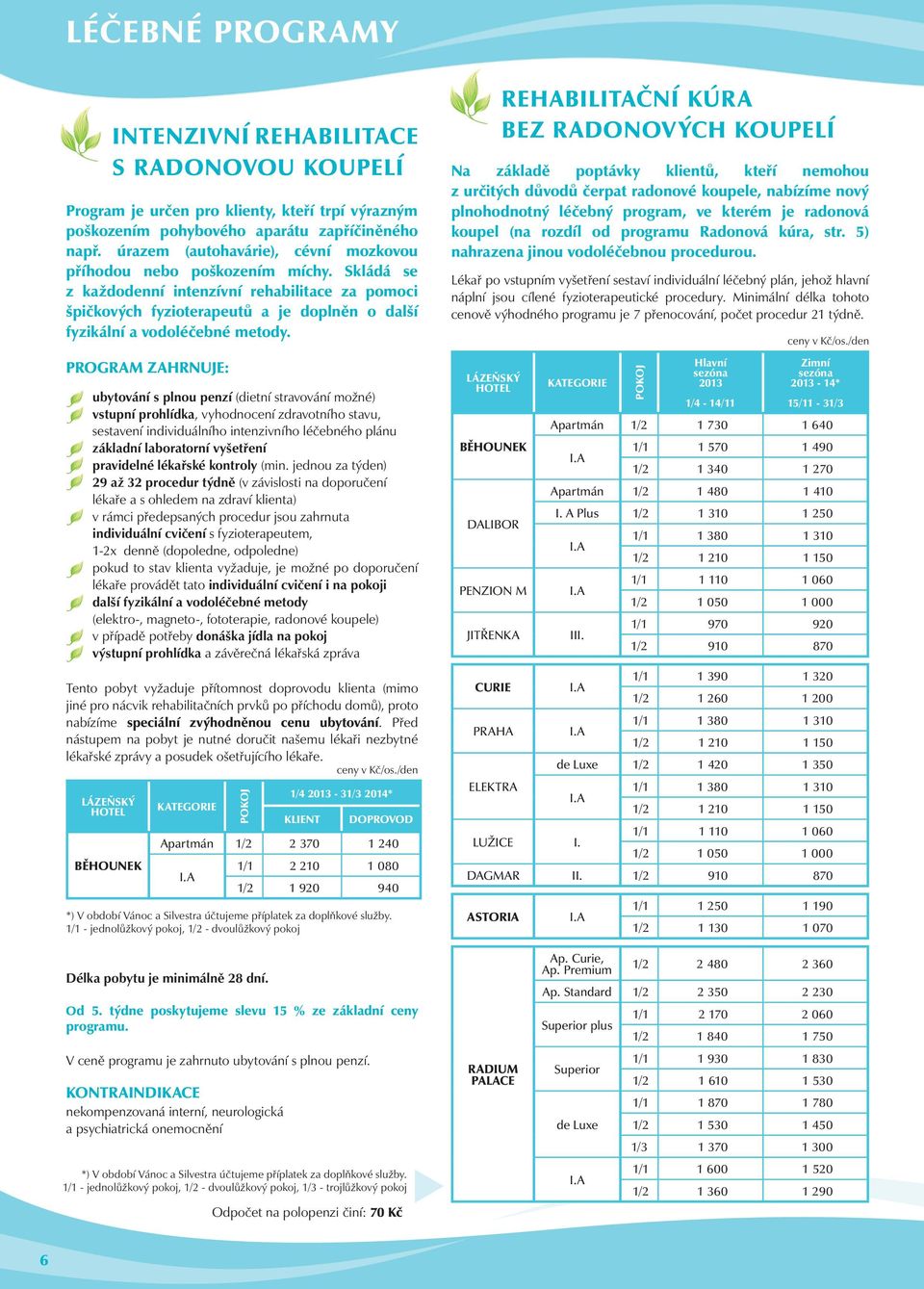 Skládá se z každodenní intenzívní rehabilitace za pomoci špičkových fyzioterapeutů a je doplněn o další fyzikální a vodoléčebné metody.