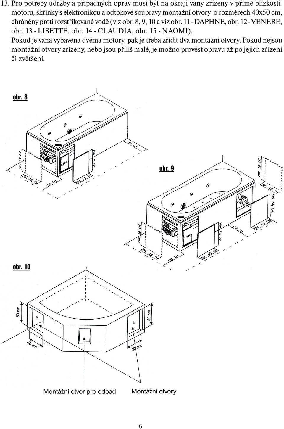 13 - LISETTE, obr. 14 - CLAUDIA, obr. 15 - NAOMI). Pokud je vana vybavena dvěma motory, pak je třeba zřídit dva montážní otvory.