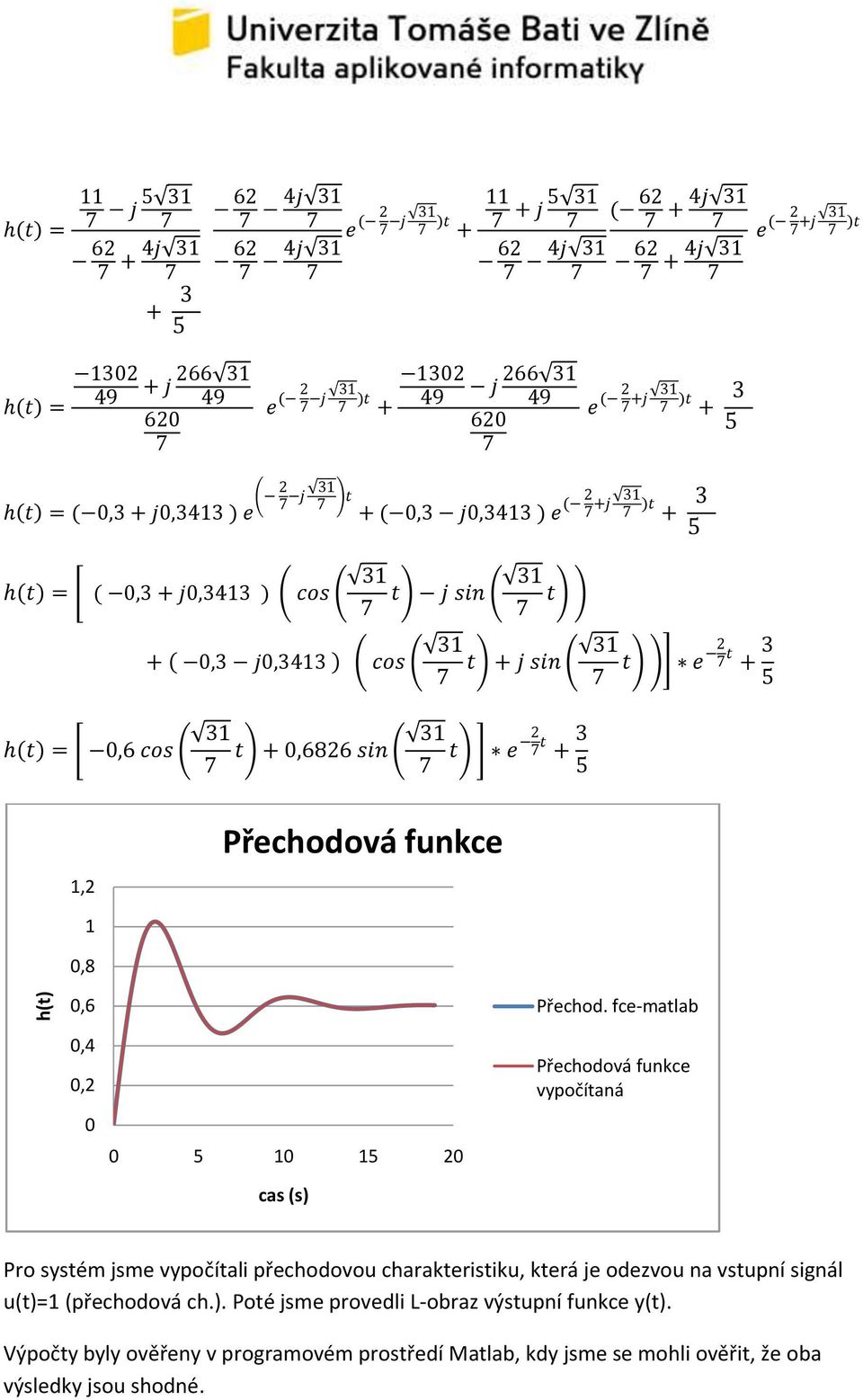 fce-matlab,4, cas (s) Přechodová funkce vypočítaná Pro systém jsme vypočítali přechodovou charakteristiku, která je odezvou na vstupní signál u(t)=