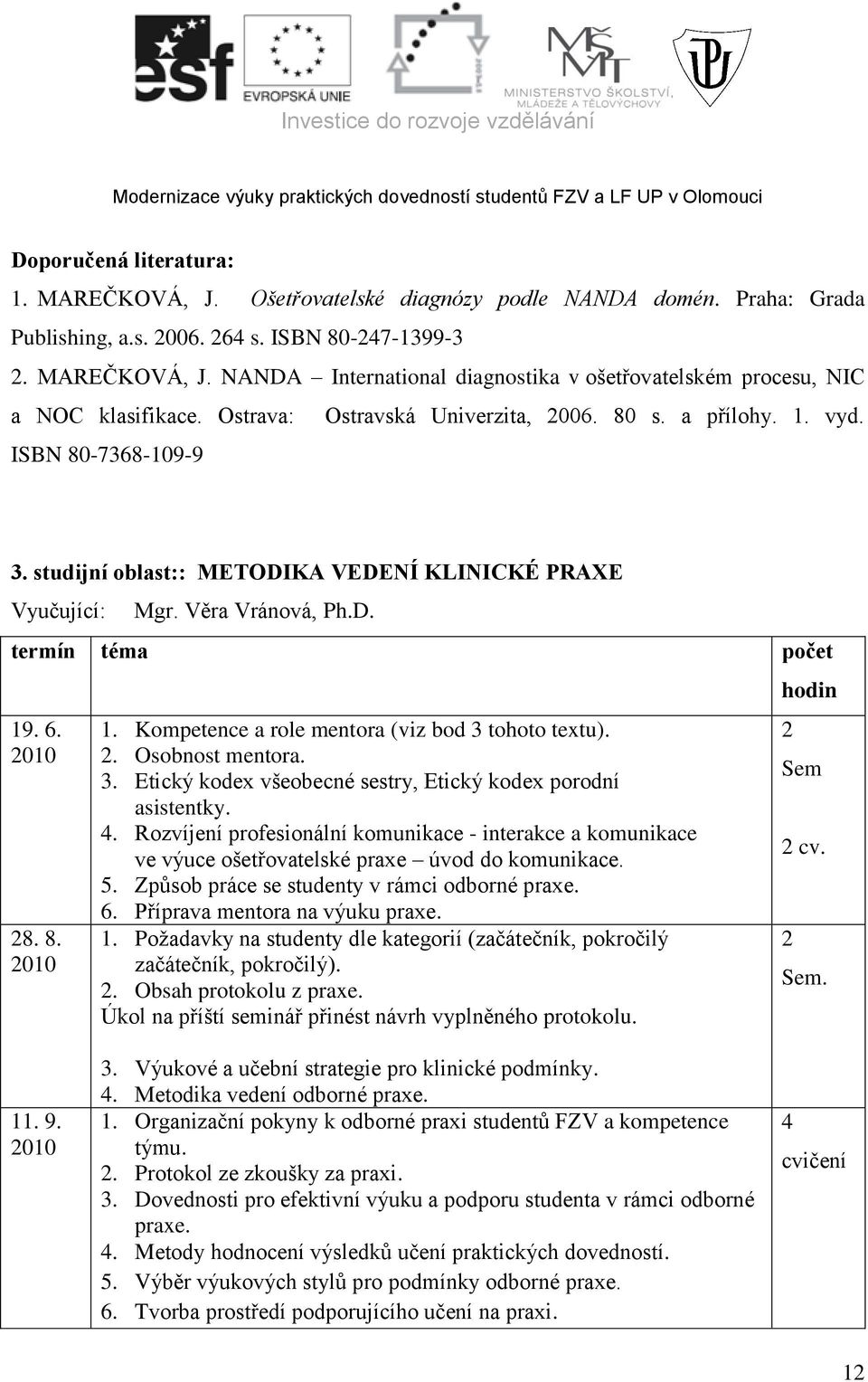 . Osobnost mentora. 3. Etický kodex všeobecné sestry, Etický kodex porodní asistentky. 4. Rozvíjení profesionální komunikace - interakce a komunikace ve výuce ošetřovatelské praxe úvod do komunikace.