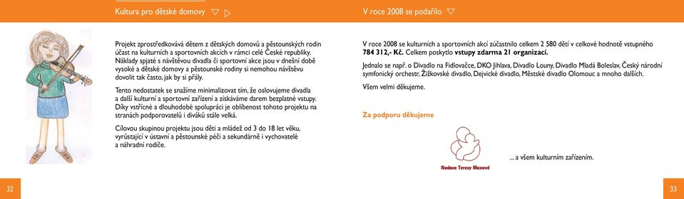 Tento nedostatek se snažíme minimalizovat tím, že oslovujeme divadla a další kulturní a sportovní zařízení a získáváme darem bezplatné vstupy.