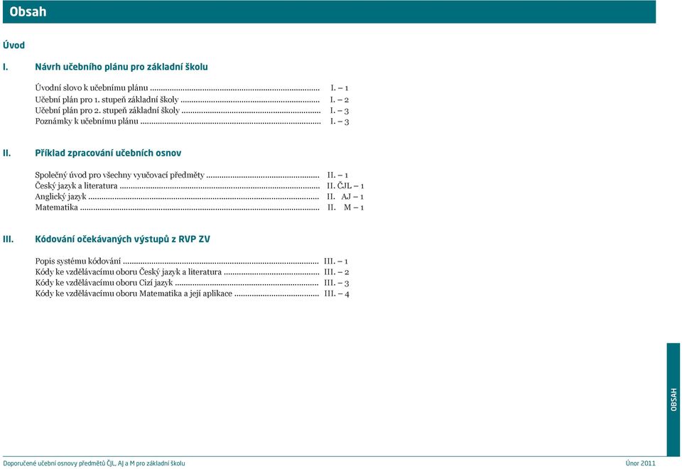 .. II. ČJL 1 Anglický jazyk... II. AJ 1 Matematika... II. M 1 III. Kódování očekávaných výstupů z RVP ZV Popis systému kódování... III. 1 Kódy ke vzdělávacímu oboru Český jazyk a literatura.