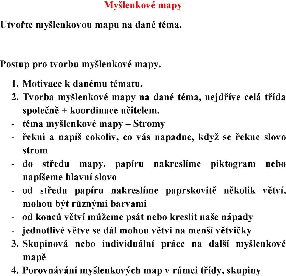 - téma myšlenkové mapy Stromy - řekni a napiš cokoliv, co vás napadne, když se řekne slovo strom - do středu mapy, papíru nakreslíme piktogram nebo napíšeme hlavní slovo -