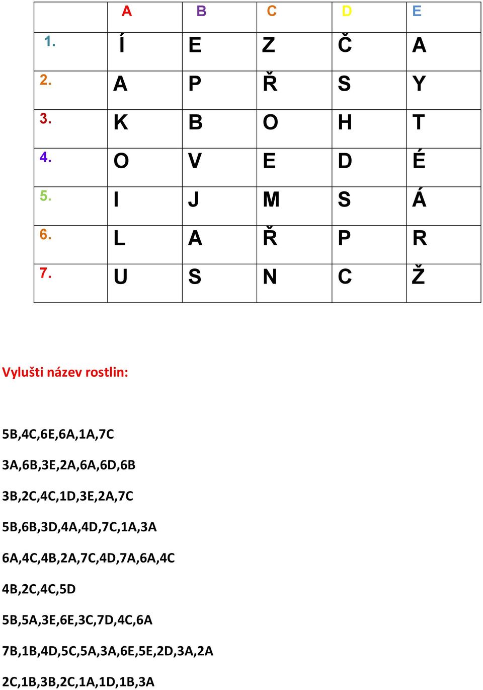 U S N C Ž Vylušti název rostlin: 5B,4C,6E,6A,1A,7C 3A,6B,3E,2A,6A,6D,6B