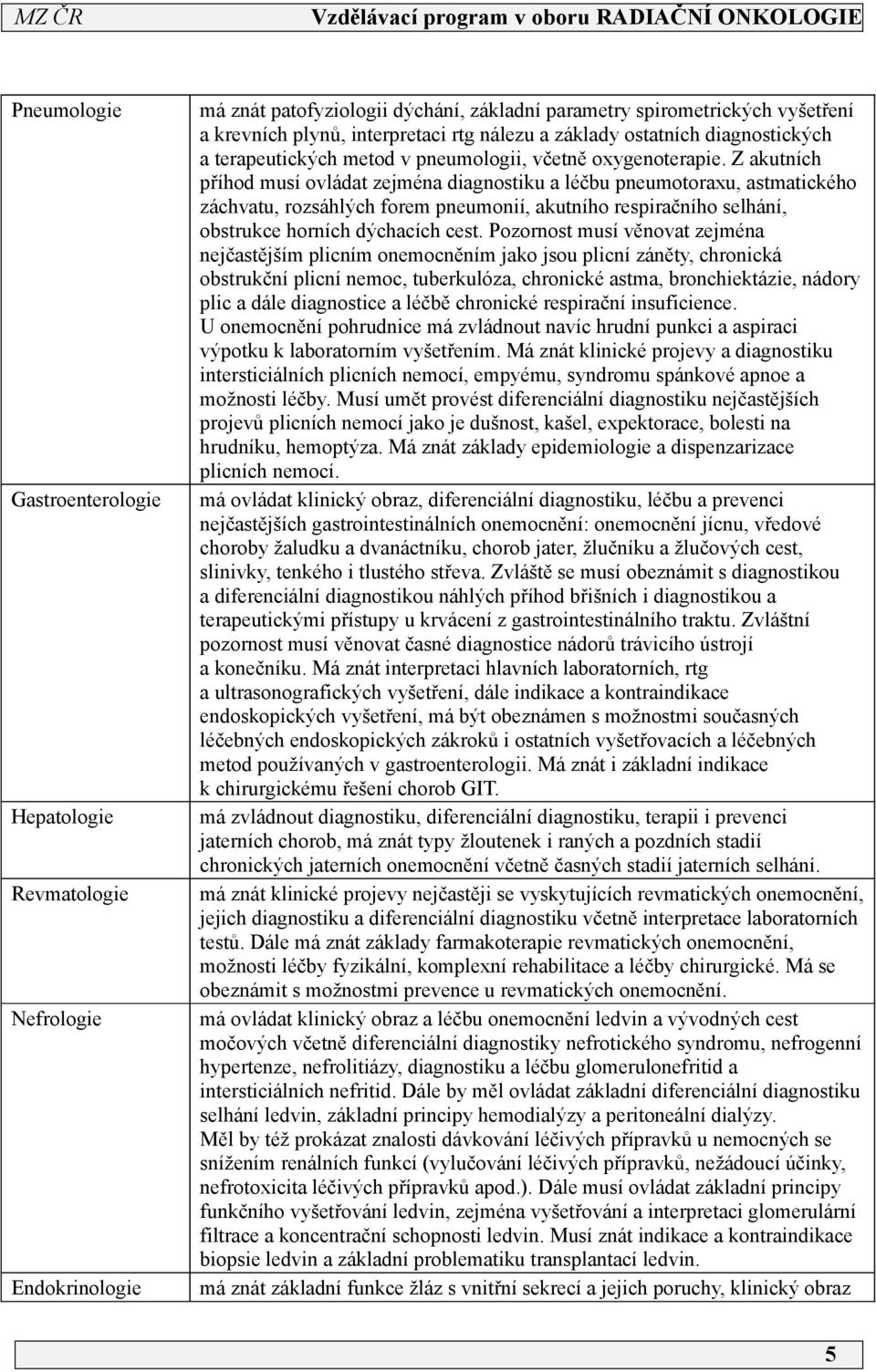 Z akutních příhod musí ovládat zejména diagnostiku a léčbu pneumotoraxu, astmatického záchvatu, rozsáhlých forem pneumonií, akutního respiračního selhání, obstrukce horních dýchacích cest.