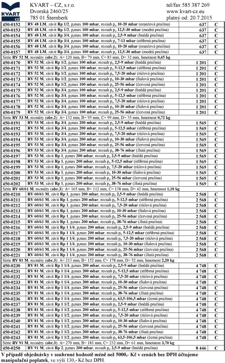 pružina) 637 637 450-0154 RV 48 LM, závit Rp 3/4, p i max 100 mbar, rozsah p o 2,5-9 mbar (hnědá pružina) 637 450-0155 RV 48 LM, závit Rp 3/4, p i max 100 mbar, rozsah p o 7-13 mbar (stříbrná