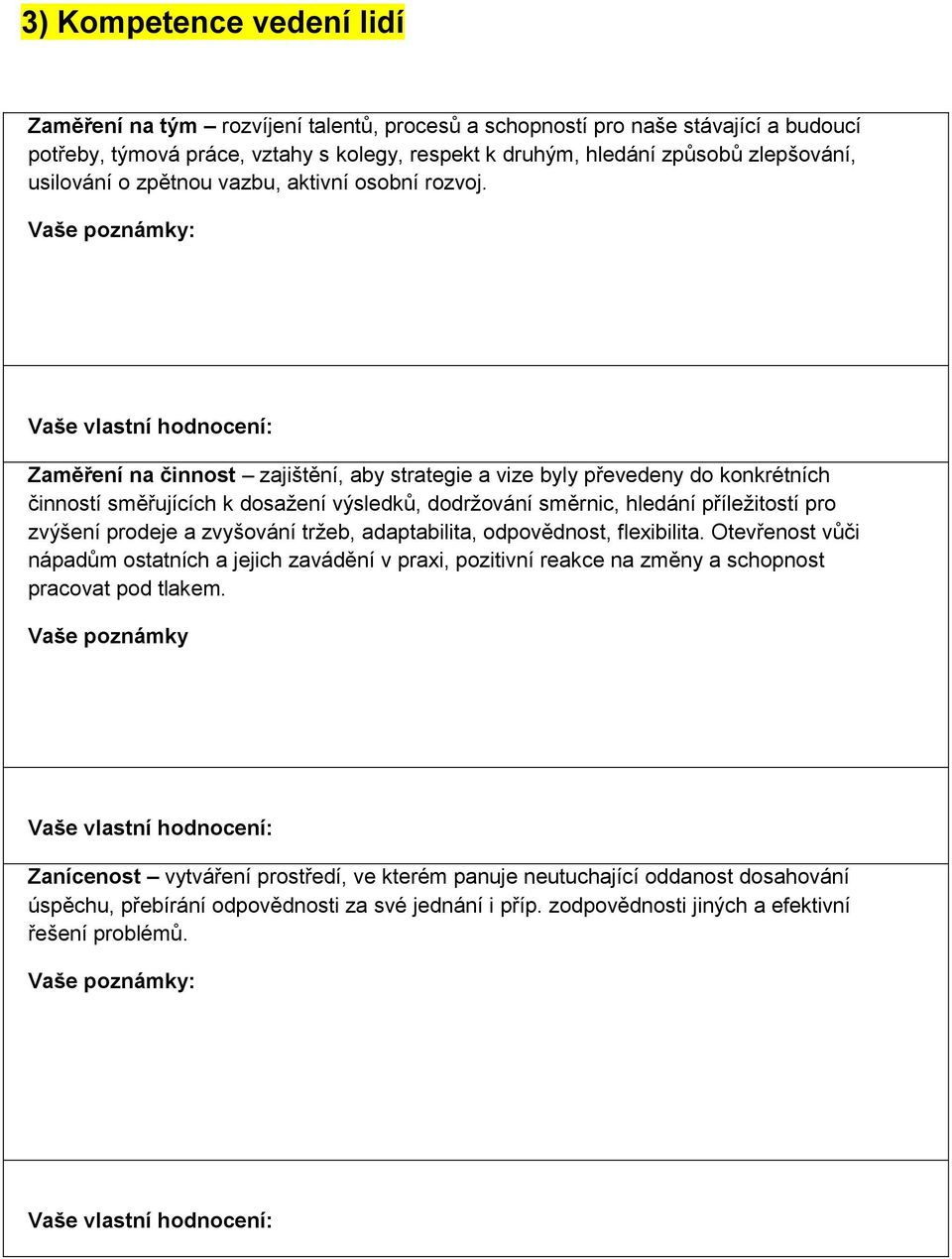 Vaše poznámky: Vaše vlastní hodnocení: Zaměření na činnost zajištění, aby strategie a vize byly převedeny do konkrétních činností směřujících k dosažení výsledků, dodržování směrnic, hledání