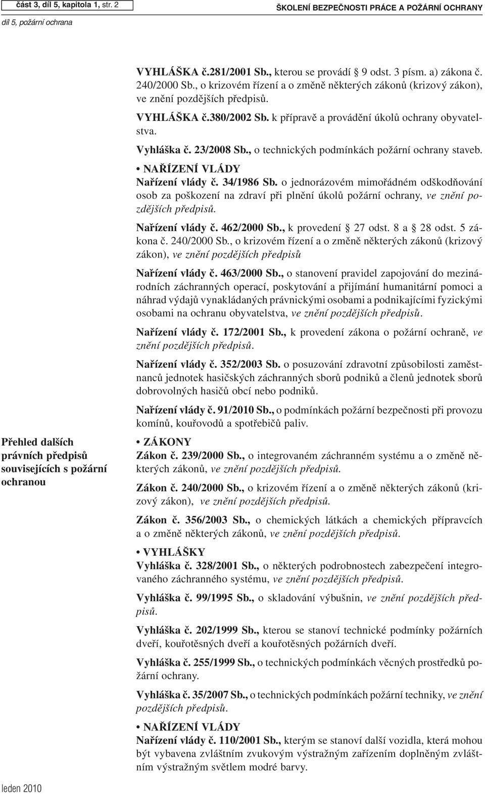 k přípravě a provádění úkolů ochrany obyvatelstva. Vyhláška č. 23/2008 Sb., o technických podmínkách požární ochrany staveb. NAŘÍZENÍ VLÁDY Nařízení vlády č. 34/1986 Sb.