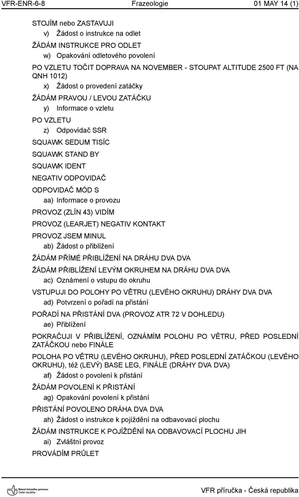 ODPOVIDAČ ODPOVIDAČ MÓD S aa) Informace o provozu PROVOZ (ZLÍN 43) VIDÍM PROVOZ (LEARJET) NEGATIV KONTAKT PROVOZ JSEM MINUL ab) Žádost o přiblížení ŽÁDÁM PŘÍMÉ PŘIBLÍŽENÍ NA DRÁHU DVA DVA ŽÁDÁM