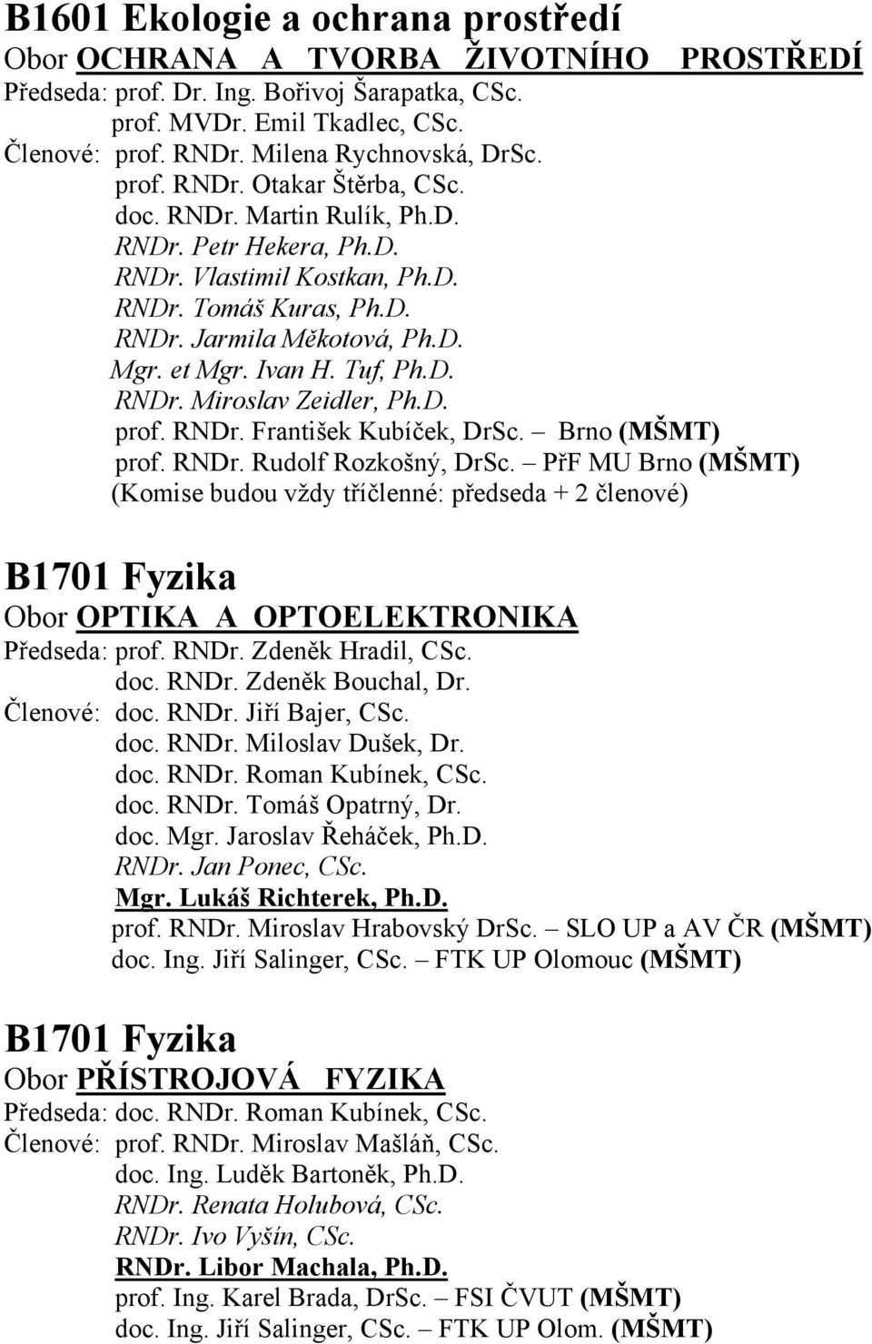 et Mgr. Ivan H. Tuf, Ph.D. RNDr. Miroslav Zeidler, Ph.D. prof. RNDr. František Kubíček, DrSc. Brno (MŠMT) prof. RNDr. Rudolf Rozkošný, DrSc.