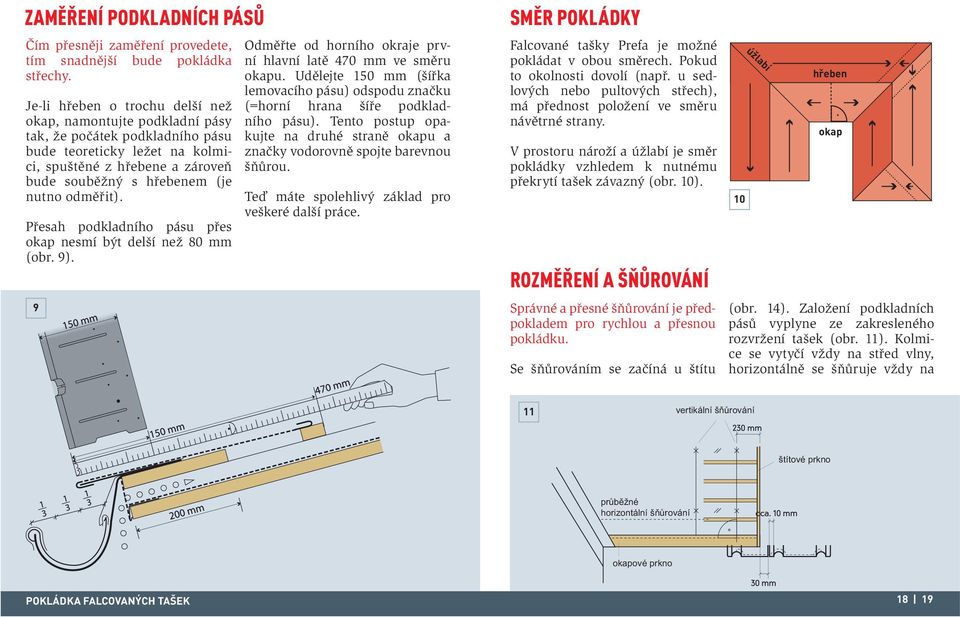 odměřit). Přesah podkladního pásu přes okap nesmí být delší než 80 mm (obr. 9). 9 Odměřte od horního okraje první hlavní latě 470 mm ve směru okapu.