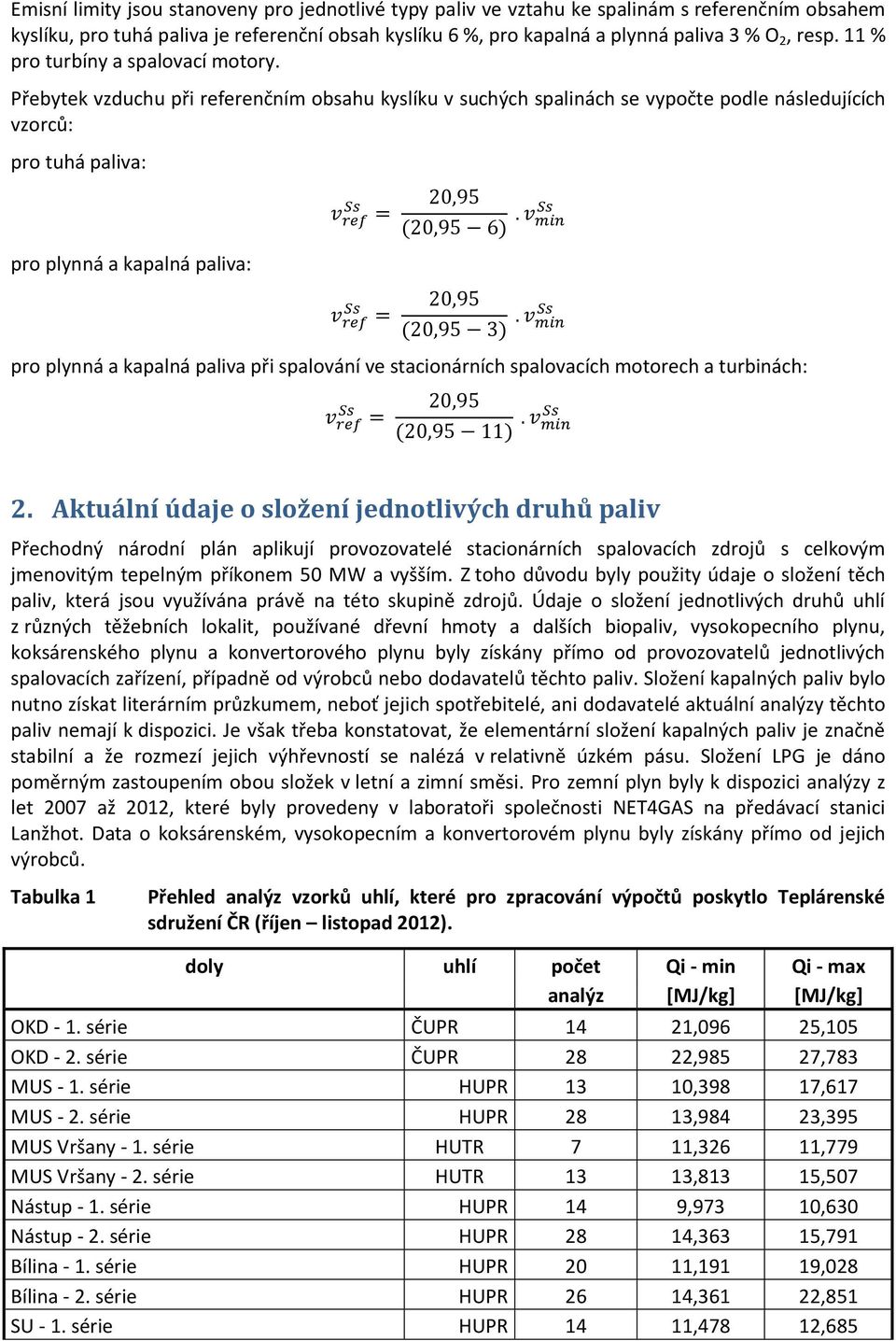 Přebytek vzduchu při referenčním obsahu kyslíku v suchých spalinách se vypočte podle následujících vzorců: pro tuhá paliva: pro plynná a kapalná paliva: v ref = v ref = 20,95 (20,95 6).