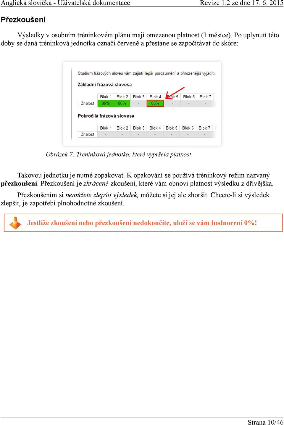 Takovou jednotku je nutné zopakovat. K opakování se používá tréninkový režim nazvaný přezkoušení.