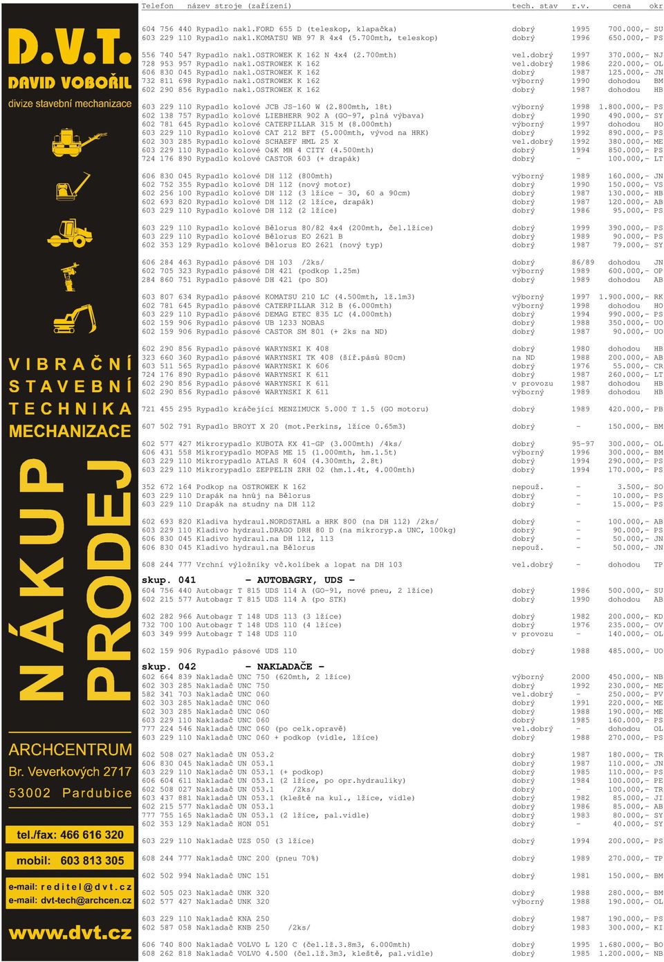 000,- JN 732 811 698 Rypadlo nakl.ostrowek K 162 výborný 1990 dohodou BM 602 290 856 Rypadlo nakl.ostrowek K 162 dobrý 1987 dohodou HB 603 229 110 Rypadlo kolové JCB JS-160 W (2.