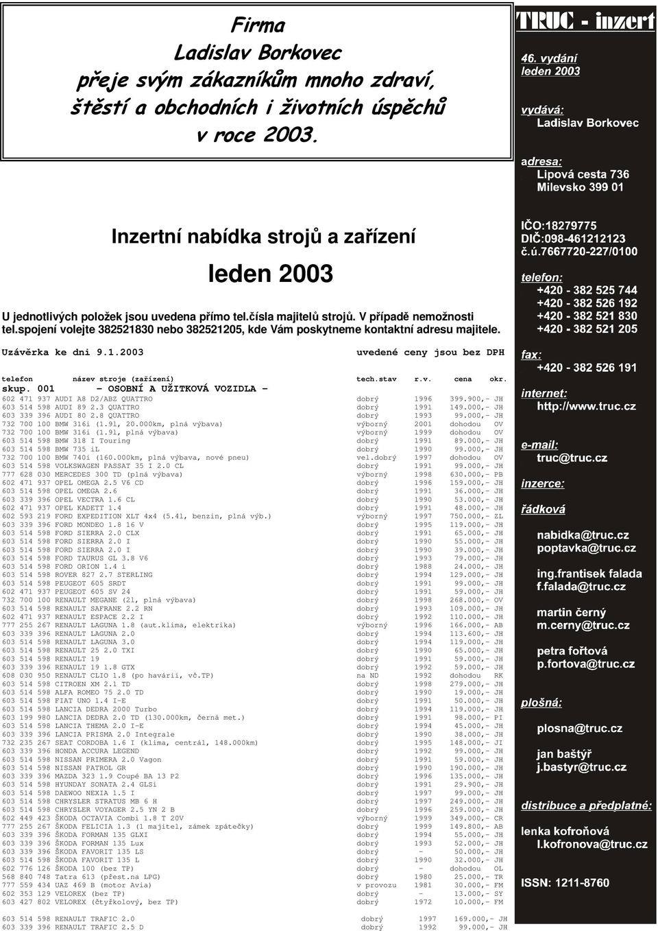 001 - OSOBNÍ A UŽITKOVÁ VOZIDLA - 602 471 937 AUDI A8 D2/ABZ QUATTRO dobrý 1996 399.900,- JH 603 514 598 AUDI 89 2.3 QUATTRO dobrý 1991 149.000,- JH 603 339 396 AUDI 80 2.8 QUATTRO dobrý 1993 99.