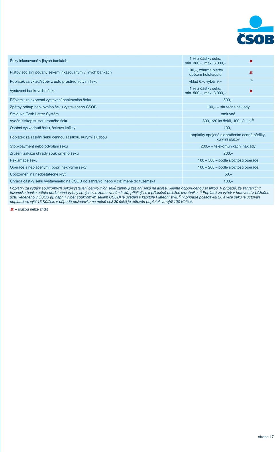 3 000, Příplatek za expresní vystavení bankovního šeku 500, Zpětný odkup bankovního šeku vystaveného ČSOB Smlouva Cash Letter Systém 100, + skutečné náklady Vydání tiskopisu soukromého šeku 300, /20