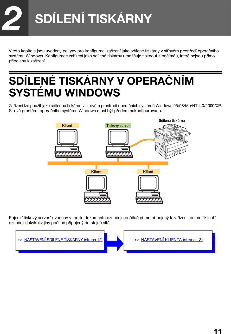 SDÍLENÉ TISKÁRNY V OPERAČNÍM SYSTÉMU WINDOWS Zařízení lze použít jako sdílenou tiskárnu v sí ovém prostředí operačních systémů Windows 95/98/Me/NT 4.0/2000/XP.