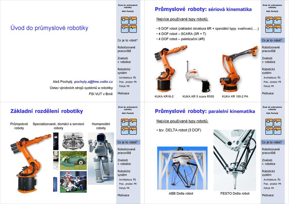 cz Ústav výrobních strojů ů a FSI VUT v Brně KUKA KR16-2 KUKA KR 5 scara R550 KUKA KR 100-2 PA Základní rozdělení Průmyslové roboty: