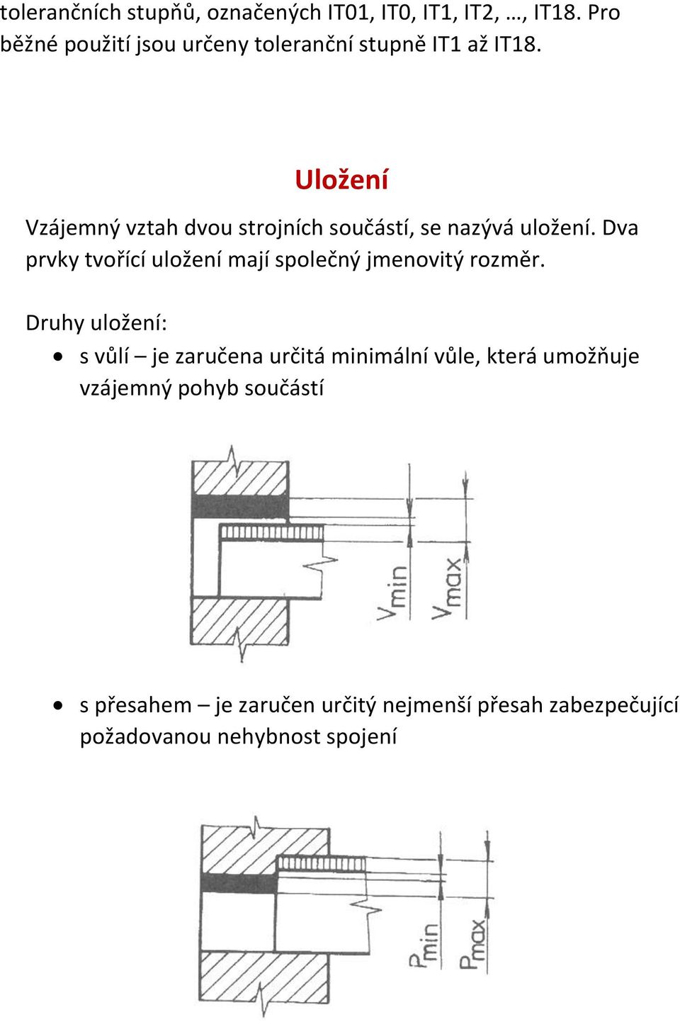 Uložení Vzájemný vztah dvou strojních součástí, se nazývá uložení.