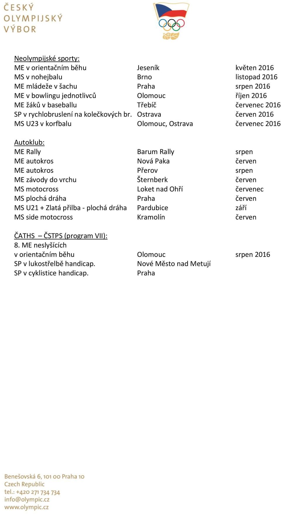 Ostrava červen 2016 MS U23 v korfbalu Olomouc, Ostrava červenec 2016 Autoklub: ME Rally Barum Rally srpen ME autokros Nová Paka červen ME autokros Přerov srpen ME závody do vrchu