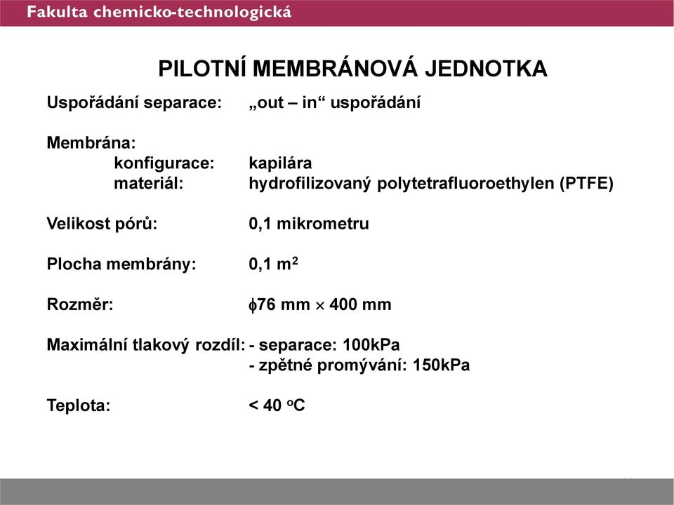 polytetrafluoroethylen (PTFE) 0,1 mikrometru Plocha membrány: 0,1 m 2 Rozměr: 76