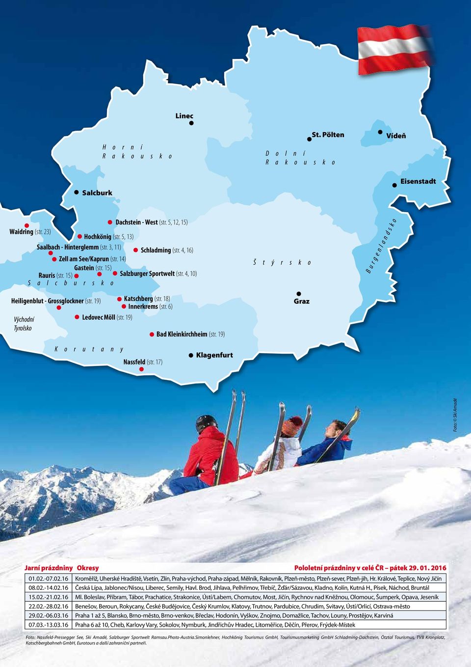 4, 10) S a l c b u r s k o Š t ý r s k o Burgenlandsko Heiligenblut - Grossglockner (str. 19) Katschberg (str. 18) Innerkrems (str. 6) Východní Ledovec Möll (str. 19) Tyrolsko Bad Kleinkirchheim (str.